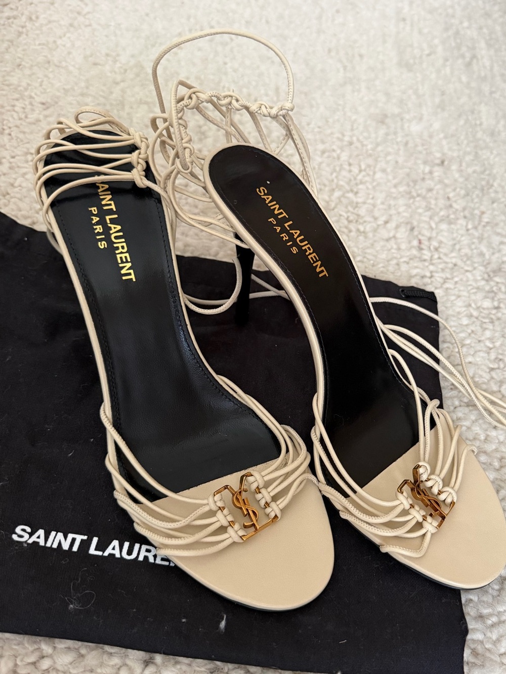 BRAND NEW NEVER WORN Saint Laurent Babylone 90 Bone Sandals with Gold YSL Logo